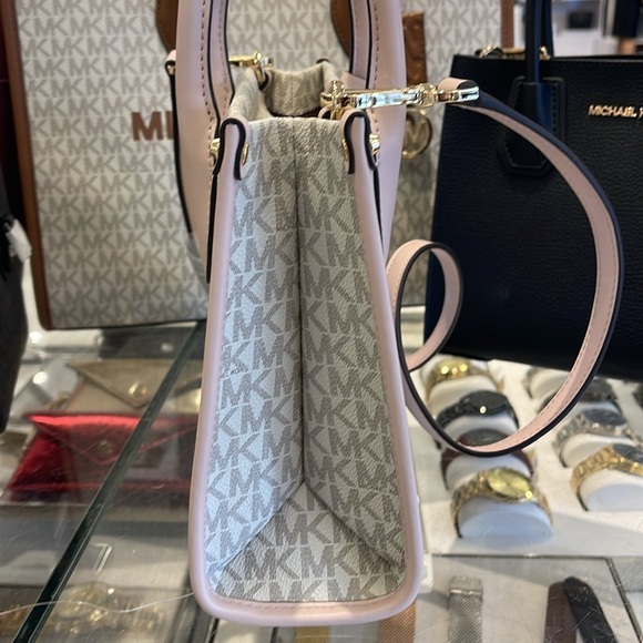 Michael Kors Mirella Small Shopper Top Zip Crossbody Bag Powder Blush Multi Logo - Picture 4 of 16